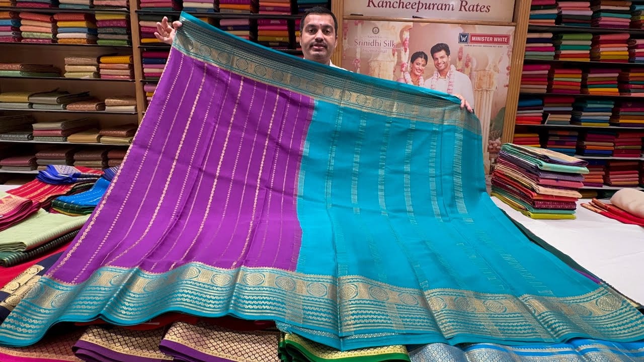 Mysore silk sarees display in Bangalore market – “Mysore silk sarees at Commercial Street Bangalore showcasing vibrant colors and intricate designs”Bangalore silk sarees collection – “Collection of Bangalore silk sarees perfect for gifts and souvenirs